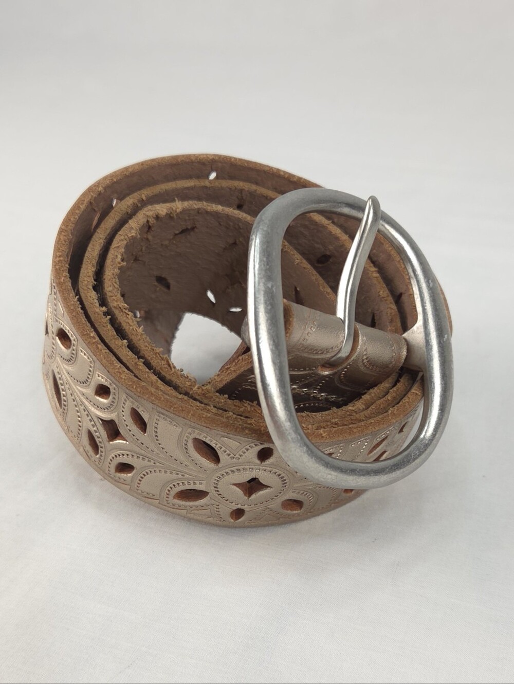 Fossil Women's Tan Leather Cutout Belt with Silver Buckle